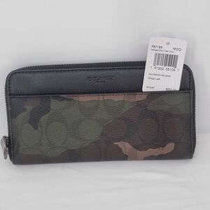 Coach Zip Wallet Signature Camo Mahogany Dark Green NEW